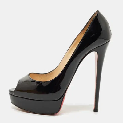 Pre-owned Christian Louboutin Black Patent Leather Lady Peep Toe Platform Pumps Size 39.5
