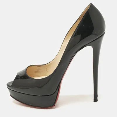 Pre-owned Christian Louboutin Black Patent Leather Lady Peep Toe Platform Pumps Size 40.5