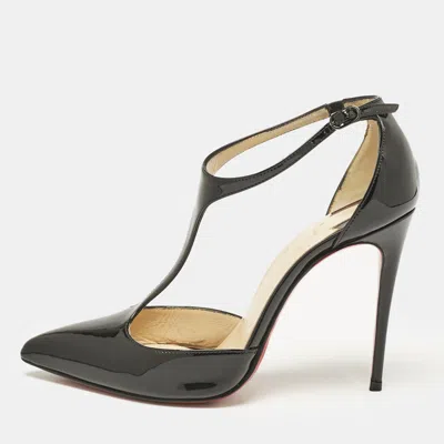 Pre-owned Christian Louboutin Black Patent Leather Pointed Toe T-strap Pumps Size 35.5