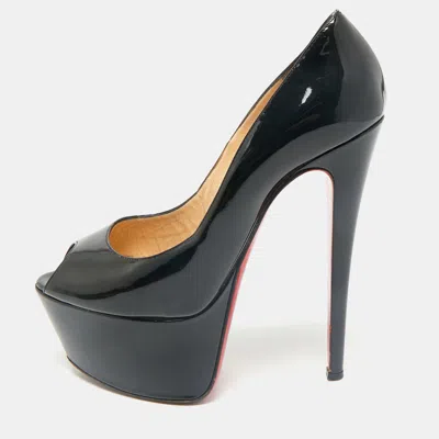 Pre-owned Christian Louboutin Black Patent Leather Vendome 120 Peep Toe Pumps Size 38