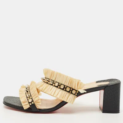 Pre-owned Christian Louboutin Black Python Effect Leather And Raffia Marivodu Slide Sandals Size 38.5