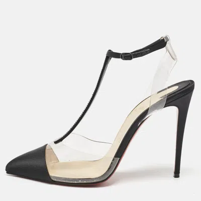 Pre-owned Christian Louboutin Black Satin And Pvc Crystal Embellished Nosy Pumps Size 39