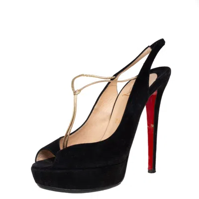 Pre-owned Christian Louboutin Black Suede Alta Spritney Platform Slingback Sandals Size 38.5