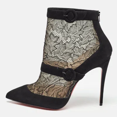 Pre-owned Christian Louboutin Black Suede And Lace Boteboot Booties Size 39.5