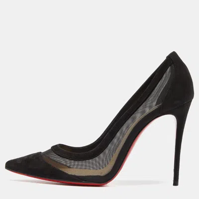 Pre-owned Christian Louboutin Black Suede And Mesh Galativi Strass Pumps Size 37.5