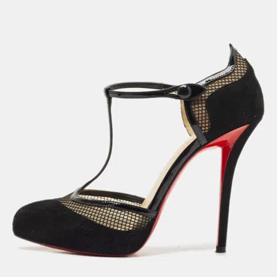 Pre-owned Christian Louboutin Black Suede And Mesh Mrs.early T-strap Sandals Size 39.5