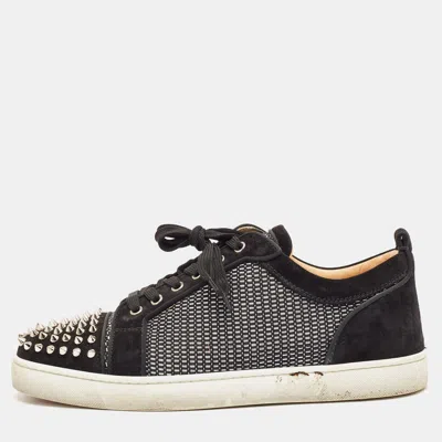 Pre-owned Christian Louboutin Black Suede And Woven Fabric Louis Junior Spikes Orlato Sneakers Size 43.5