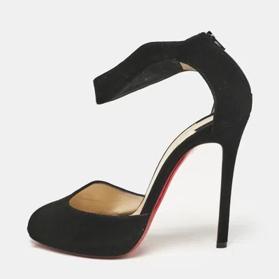 Pre-owned Christian Louboutin Black Suede Ankle Strap Peep Toe Sandals Size 39.5