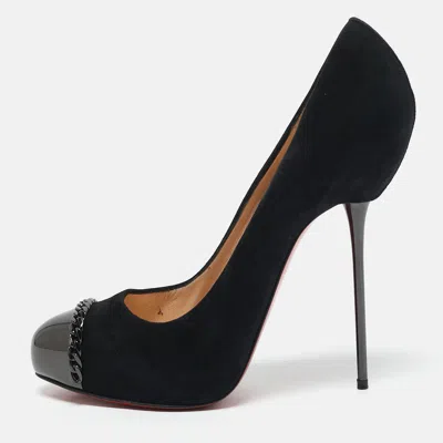 Pre-owned Christian Louboutin Black Suede Chain Link Metal Cap Toe Platform Pumps Size 39.5