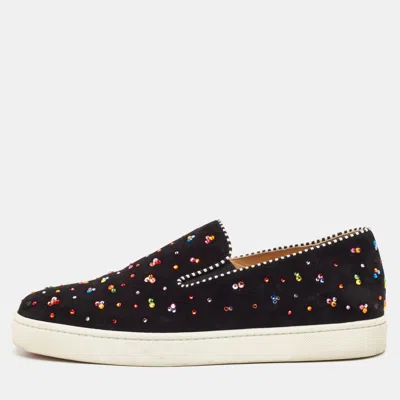 Pre-owned Christian Louboutin Black Suede Crystal Boat Slip On Sneakers Size 40