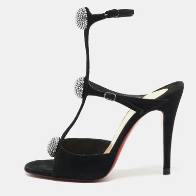 Pre-owned Christian Louboutin Black Suede Crystal Embellished Ankle Strap Sandals Size 35.5