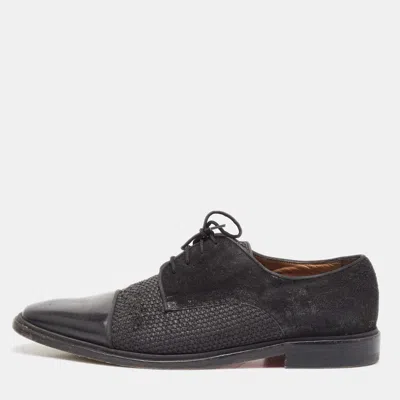 Pre-owned Christian Louboutin Black Suede Leather And Woven Raffia Greggo Cap Top Lace Derby Size 41
