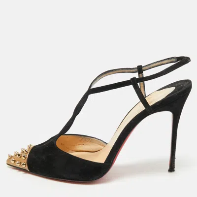 Pre-owned Christian Louboutin Black Suede Studded Geotistrap Slingback Pumps Size 39.5