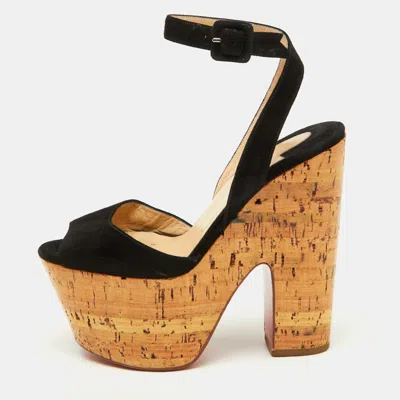 Pre-owned Christian Louboutin Black Suede Super Dombasle Platform Cork Wedge Ankle Strap Sandals Size 36