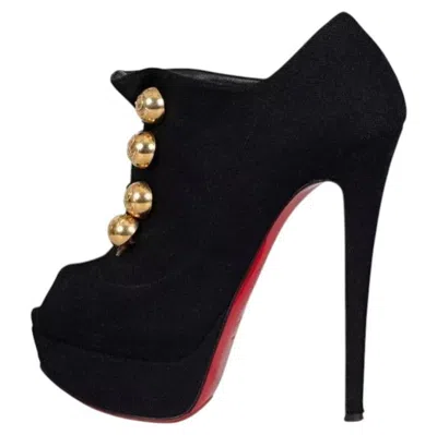 Pre-owned Christian Louboutin Black Textile Open-toe Wedge Booties Sz.36