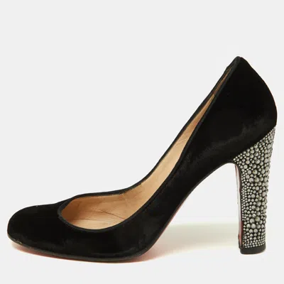 Pre-owned Christian Louboutin Black Velvet Crystal Embellished Heel Round Toe Pumps Size 38