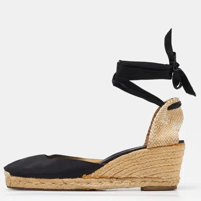 Pre-owned Christian Louboutin Black/beige Canvas And Woven Jute Carino Plato Wedge Espadrille Sandals Size 41