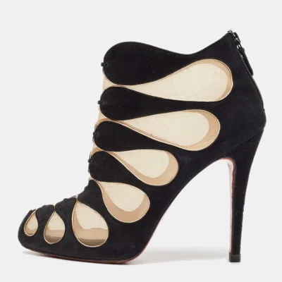 Pre-owned Christian Louboutin Black/beige Suede And Mesh Circus Cutout Ankle Boots Size 38.5