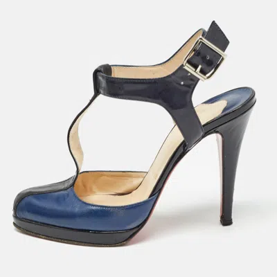 Pre-owned Christian Louboutin Black/blue Leather T-bar Ankle Strap Pumps Size 36.5