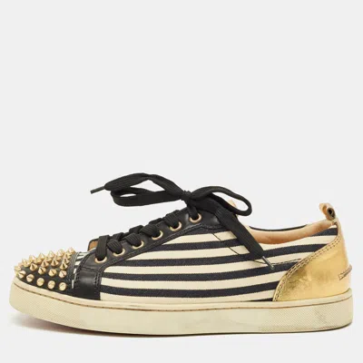 Pre-owned Christian Louboutin Black/gold Canvas And Leather Louis Junior Spikes Sneakers Size 41 In Multi