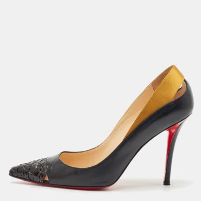 Pre-owned Christian Louboutin Black/gold Leather And Satin Pointed Toe Pumps Size 39