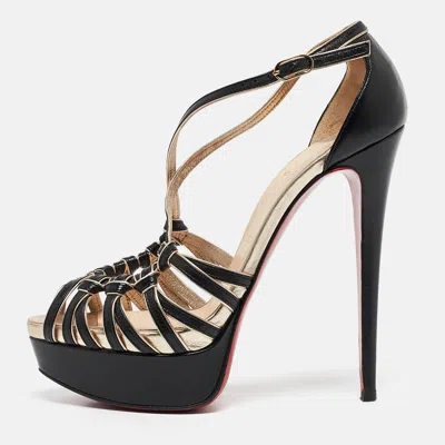 Pre-owned Christian Louboutin Black/gold Leather Strappy Platform Sandals Size 37.5