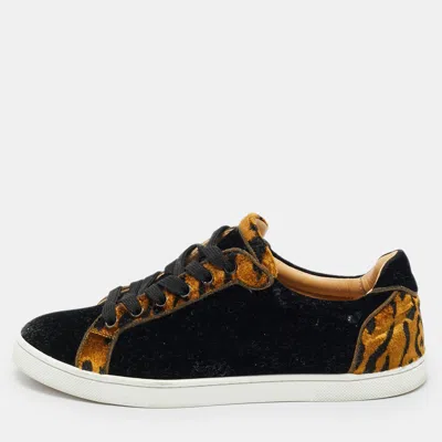 Pre-owned Christian Louboutin Black/gold Leopard Print Velvet Lace Up Sneakers Size 37