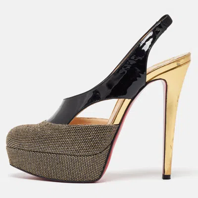 Pre-owned Christian Louboutin Black/gold Patent And Mesh Platform Slingback Pumps Size 37