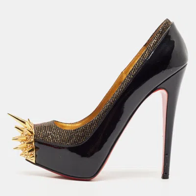 Pre-owned Christian Louboutin Black/gold Patent Leather And Lurex Fabric Asteroid Spike Pumps Size 36.5