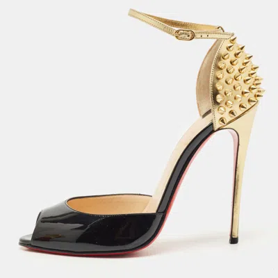 Pre-owned Christian Louboutin Black/gold Patent Leather Pina Spike Sandals Size 37.5