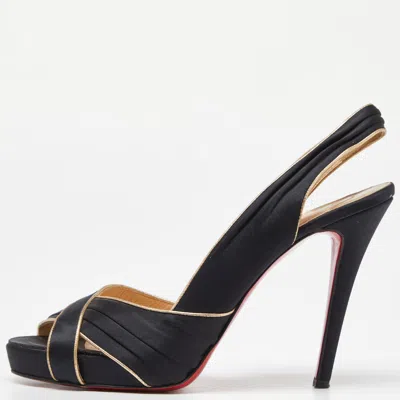 Pre-owned Christian Louboutin Black/gold Satin And Leather Trim Platform Peep Toe Slingback Sandals Size 42