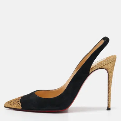 Pre-owned Christian Louboutin Black/gold Suede And Glitter Almine Slingback Pumps Size 37.5