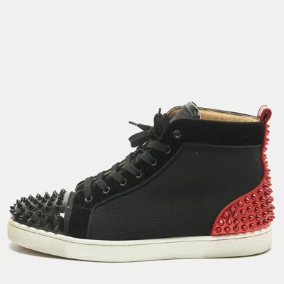 Pre-owned Christian Louboutin Black/red Mesh And Patent Leather Louis Spikes High Top Sneakers Size 44