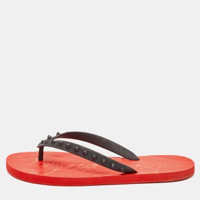 Pre-owned Christian Louboutin Black/red Rubber Loubi Flip Thong Flat Slides Size 41