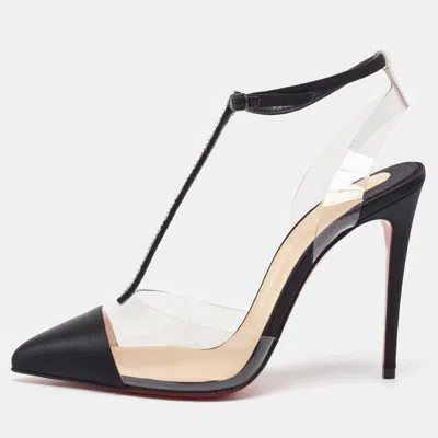 Pre-owned Christian Louboutin Black/transparent Satin And Pvc Nosy T-strap Sandals Size 36