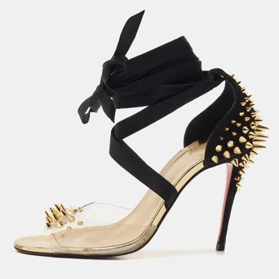 Pre-owned Christian Louboutin Black/transparent Suede And Pvc Barbarissima Spike Wrap Sandals Size 38.5