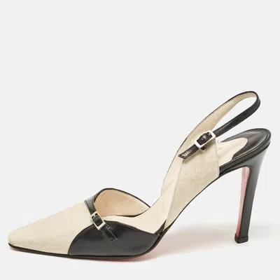 Pre-owned Christian Louboutin Black/white Canvas And Leather Slingback Pumps Size 37