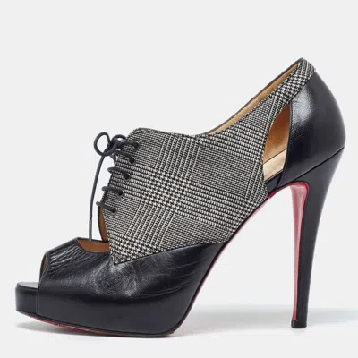 Pre-owned Christian Louboutin Black/white Leather And Tartan Fabric Platform Oxford Booties Size 39.5