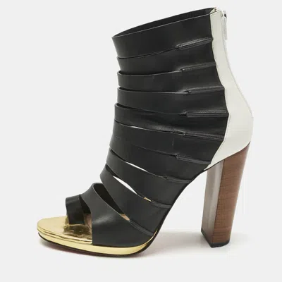 Pre-owned Christian Louboutin Black/white Leather Decoupata Strappy Booties Size 37.5