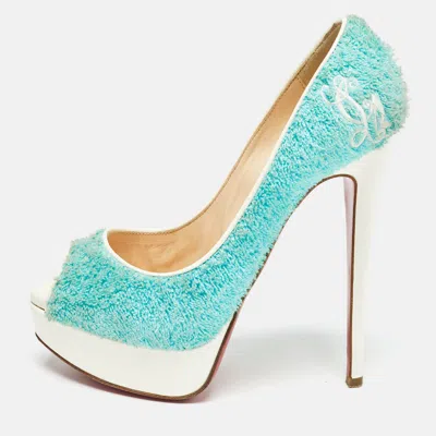 Pre-owned Christian Louboutin Blue Fur And Patent Terry Cloth Lady Peep Pumps Size 36