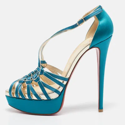 Pre-owned Christian Louboutin Blue Satin Platform Ankle Strap Sandals Size 39