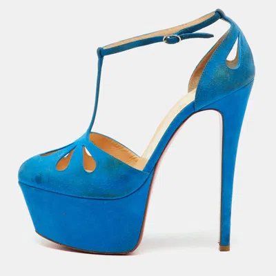 Pre-owned Christian Louboutin Blue Suede Mayada T-strap Platform Pumps Size 38.5