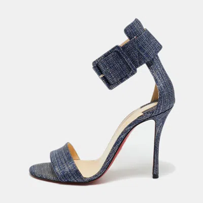 Pre-owned Christian Louboutin Blue Tweed Ankle Strap Sandals Size 37.5
