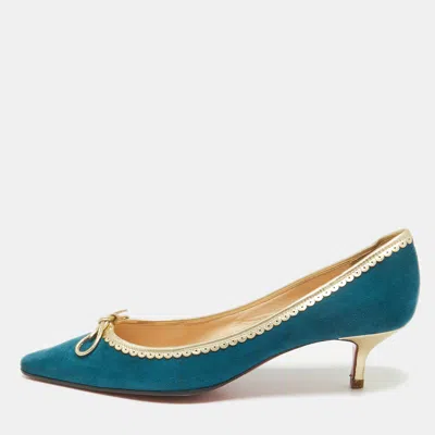 Pre-owned Christian Louboutin Blue/gold Leather And Suede Pointed Toe Pumps Size 38
