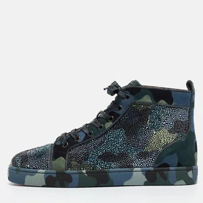 Pre-owned Christian Louboutin Blue/green Camouflage Suede Embellished Louis Orlato Sneakers Size 42