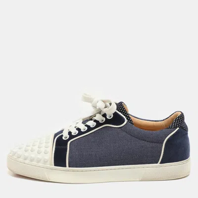 Pre-owned Christian Louboutin Blue/white Denim And Leather Vieira Spikes Low Top Sneakers Size 37