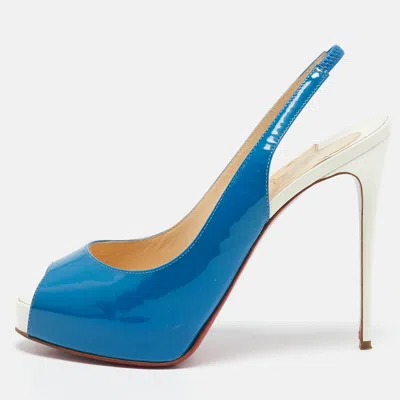 Pre-owned Christian Louboutin Blue/white Patent Leather Private Number Sandals Size 37.5