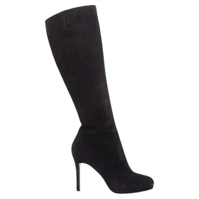 Pre-owned Christian Louboutin Botalili 100 Veau Velour Suede Almondtoe Platform Tall Boots In Black