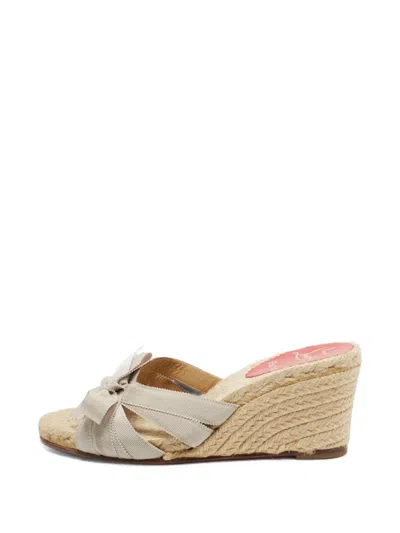 Pre-owned Christian Louboutin Bow Espadrille Wedge Sandals In Neutrals