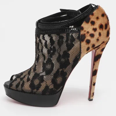 Pre-owned Christian Louboutin Bridget Size 38.5 Black/brown Lace And Leopard Print Calf Hair Booties